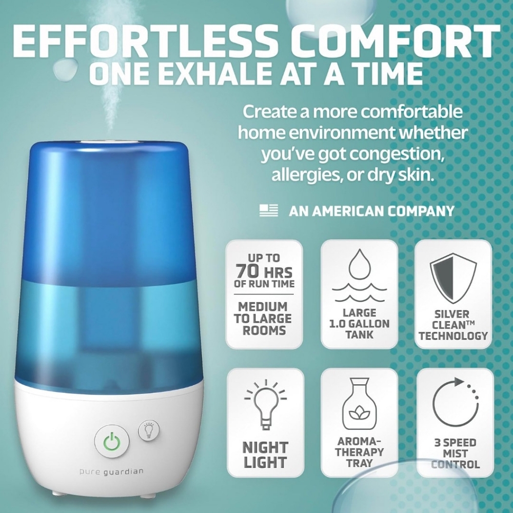 PureGuardian Ultrasonic Cool Mist Humidifier • Aromatherapy Diffuser Room Mister - Picture 4 of 4